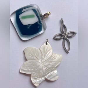 VINTAGE Pendants Set of 3 Carved Shell, Silvertone Cross, Fused Glass Square